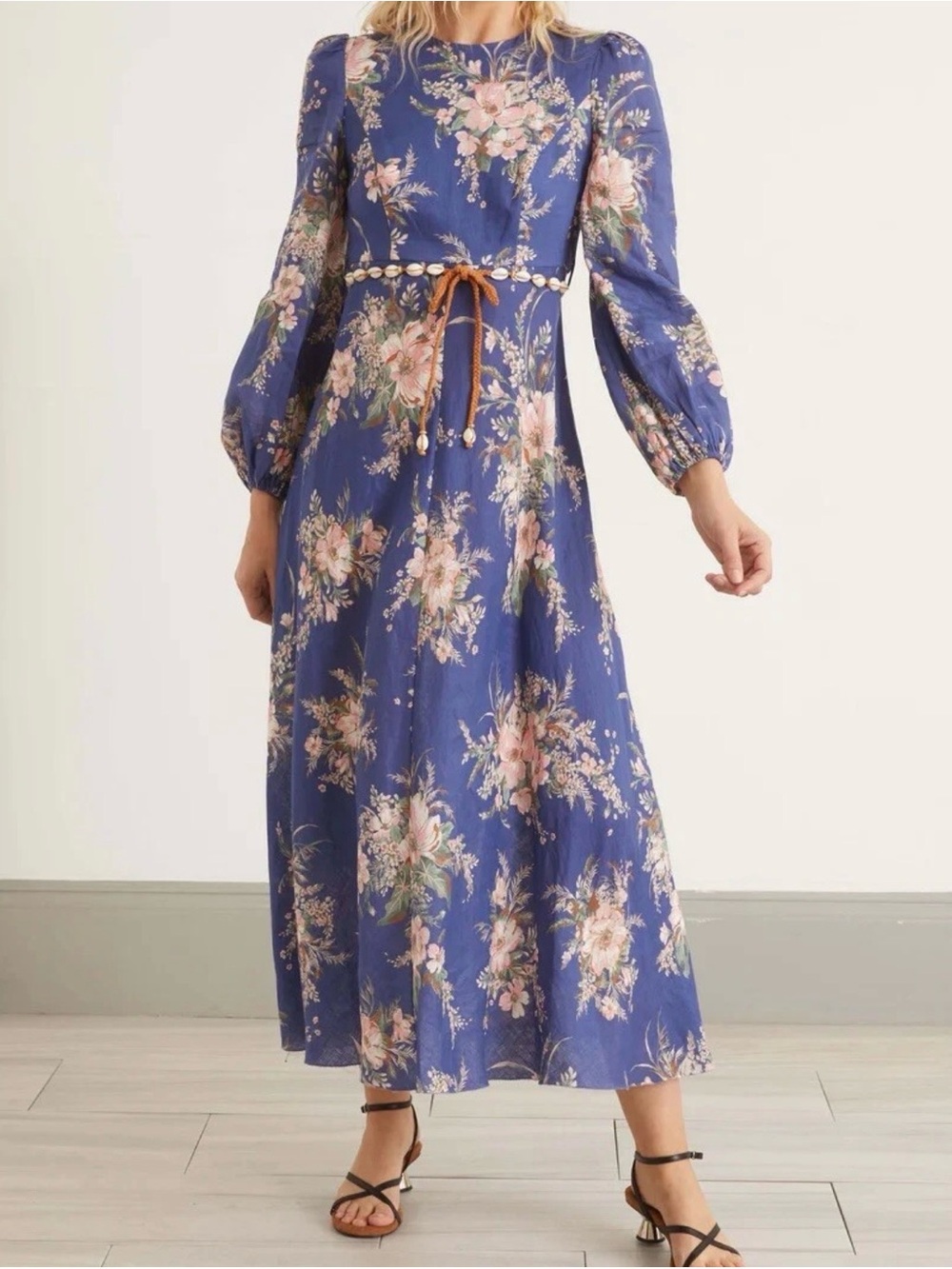 Zimmermann Navy Blue Floral Long-Sleeve Midi Dress 100%Cotton